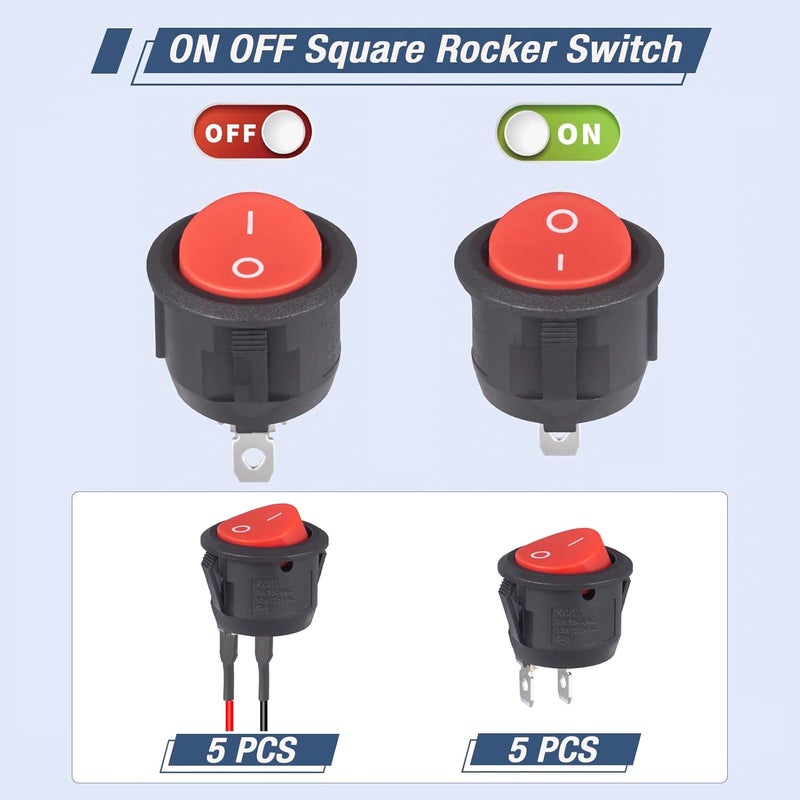 VEXUNGA Round Rocker Switch 12V ON Off Switches Small Mini 12Volt Toggle Switch 2Pin AC 6A 250V 10A 125V 12VDC KCD1 Red for Car Automotive Boat (5Pcs with Leads 5Pcs Without Wires) - Image 3
